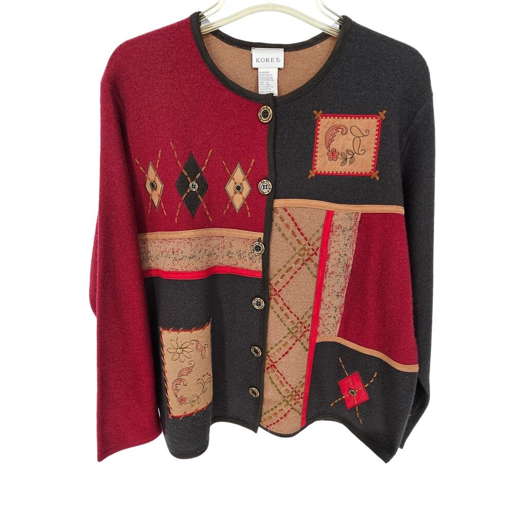 VTG Koret Jacket Cardigan 100% Wool Granny Cottagecore Teacher Patchwork L 90s